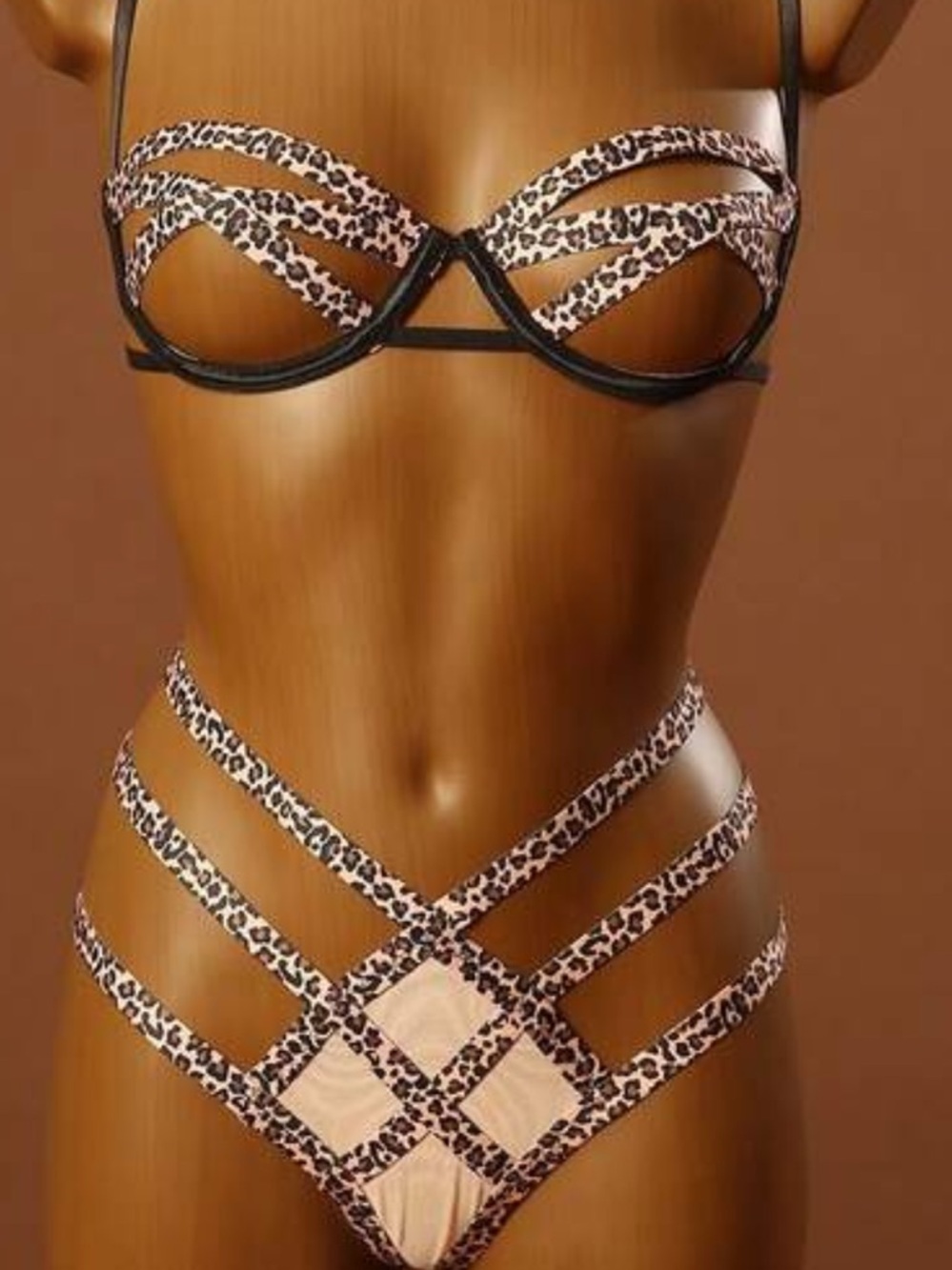 Leopard Print Strappy Balconette Bra & High-Waist Panty Set - Leopard
